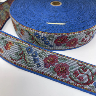 Vintage Floral Jacquard Ribbon – 1.25″ Wide – Blue & Red Folk-Style Trim – Sold by the Yard
