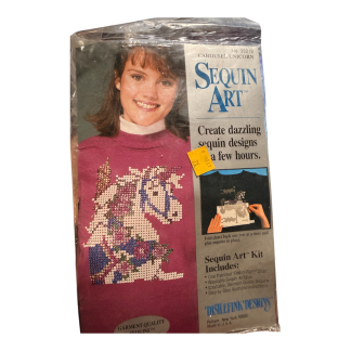 Vintage sealed 1991 Sequin Art Carousel Unicorn craft kit by Dislefink Designs with original sequins and pattern.