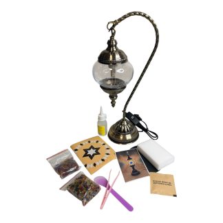 Complete DIY Turkish mosaic swan lamp kit with antique bronze lamp base, glass globe, colorful glass tiles, beads, adhesive, tools, and accessories on a white background.